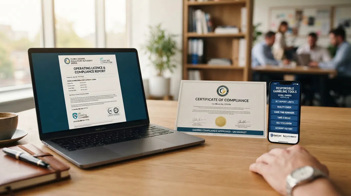 A Gambling Commission logo and licence certificate beside a screen displaying the responsible-gambling tools menu of a UK-licensed casino