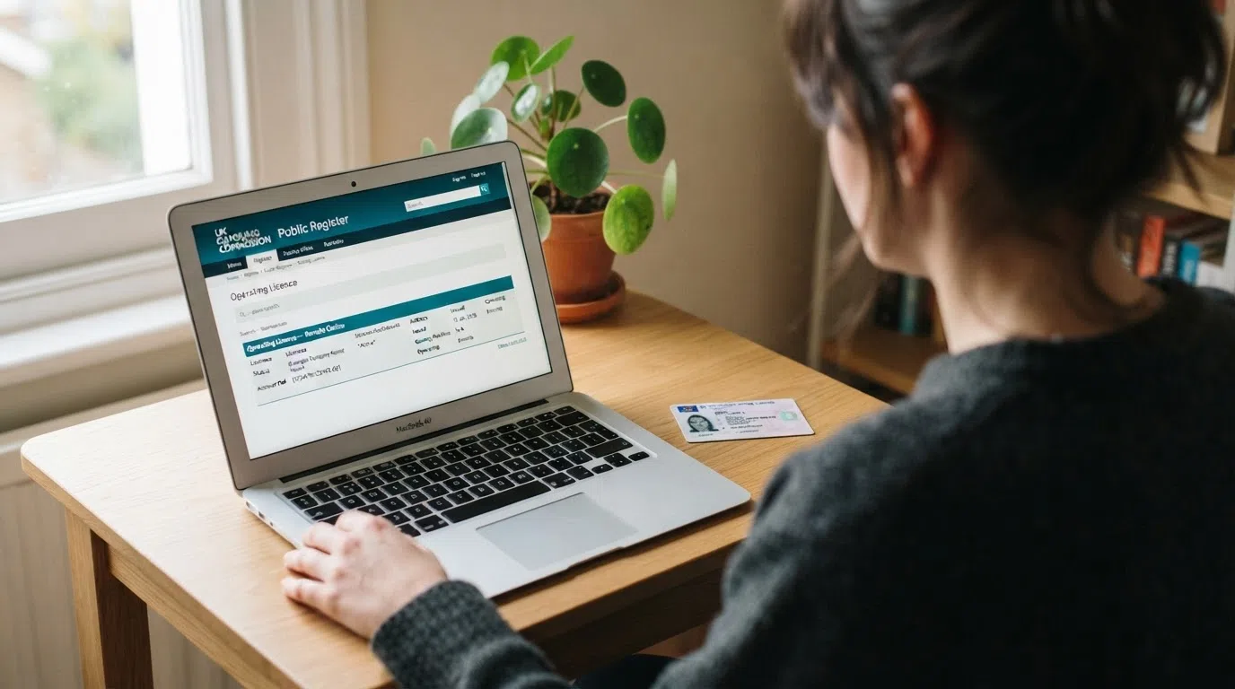 A browser window open to the UKGC public register with a licence-holder search result displayed, the words “Operating Licence — Remote Casino” visible in the result row, a UK driving licence laid beside the laptop as the identity-verification prop
