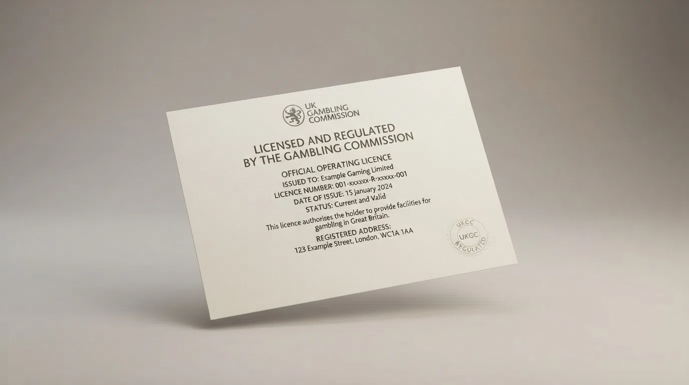 A UK Gambling Commission logo or certificate against a neutral background, with the words “Licensed and regulated by the Gambling Commission” legible