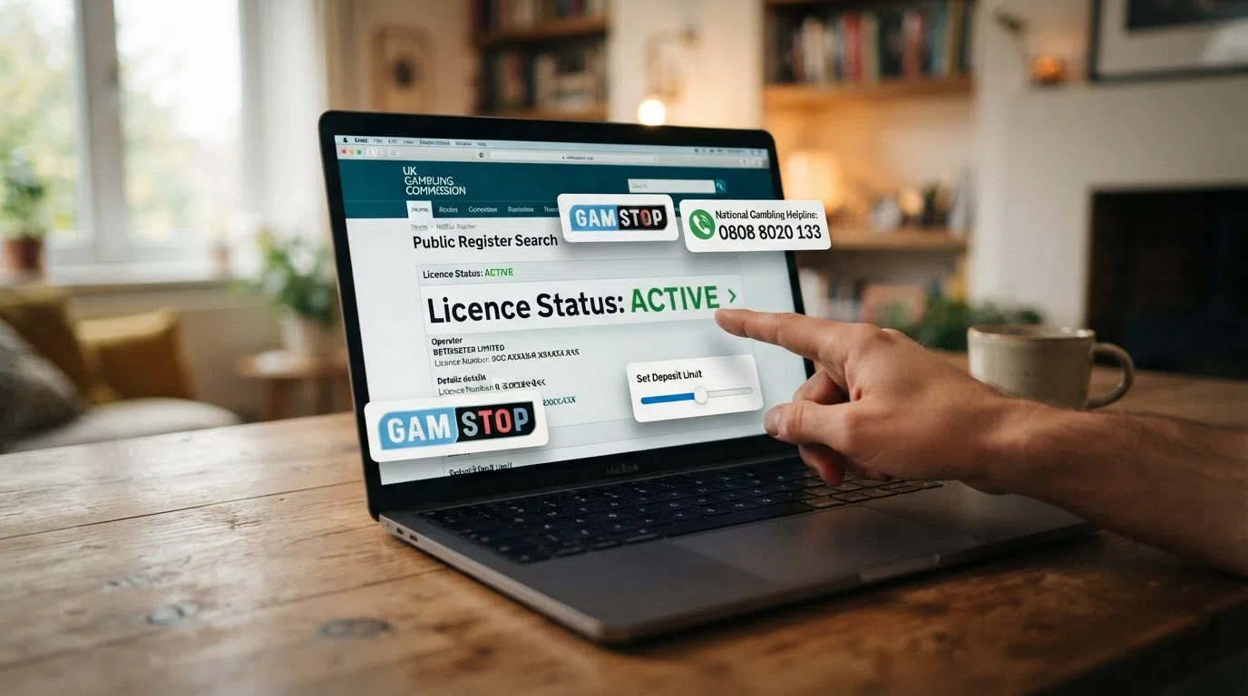 A screenshot of the UKGC public register search page with a “Licence status: Active” result displayed, overlaid with icons representing GAMSTOP, the National Gambling Helpline phone and a deposit-limit slider
