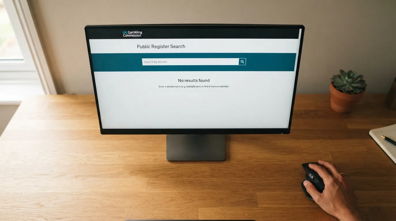 A desktop screen showing the UK Gambling Commission public register search interface with the domain-search field visible and no crypto-casino result returned