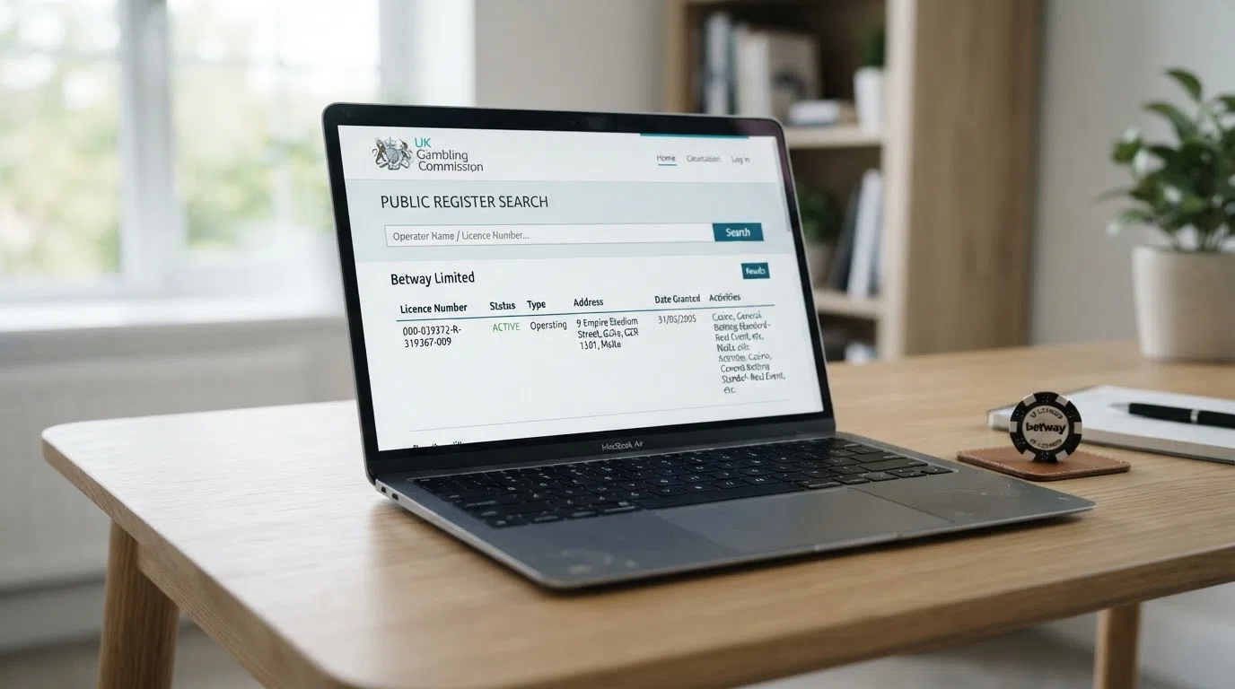 The UK Gambling Commission public register search screen showing a licence-holder entry with status, account number and licence type