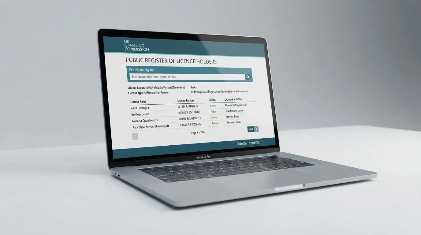 The Gambling Commission's online public register of licence holders displayed on a laptop screen beside the UKGC logo