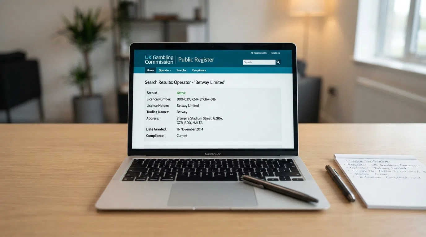 A search result from the UK Gambling Commission public register showing an active operator licence entry, with the register's search interface visible