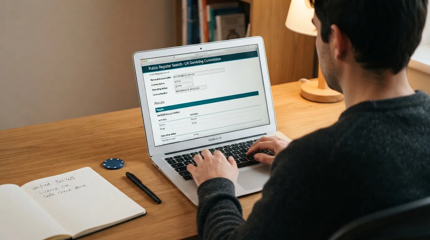The UK Gambling Commission public register search interface on a screen, showing an active licence record