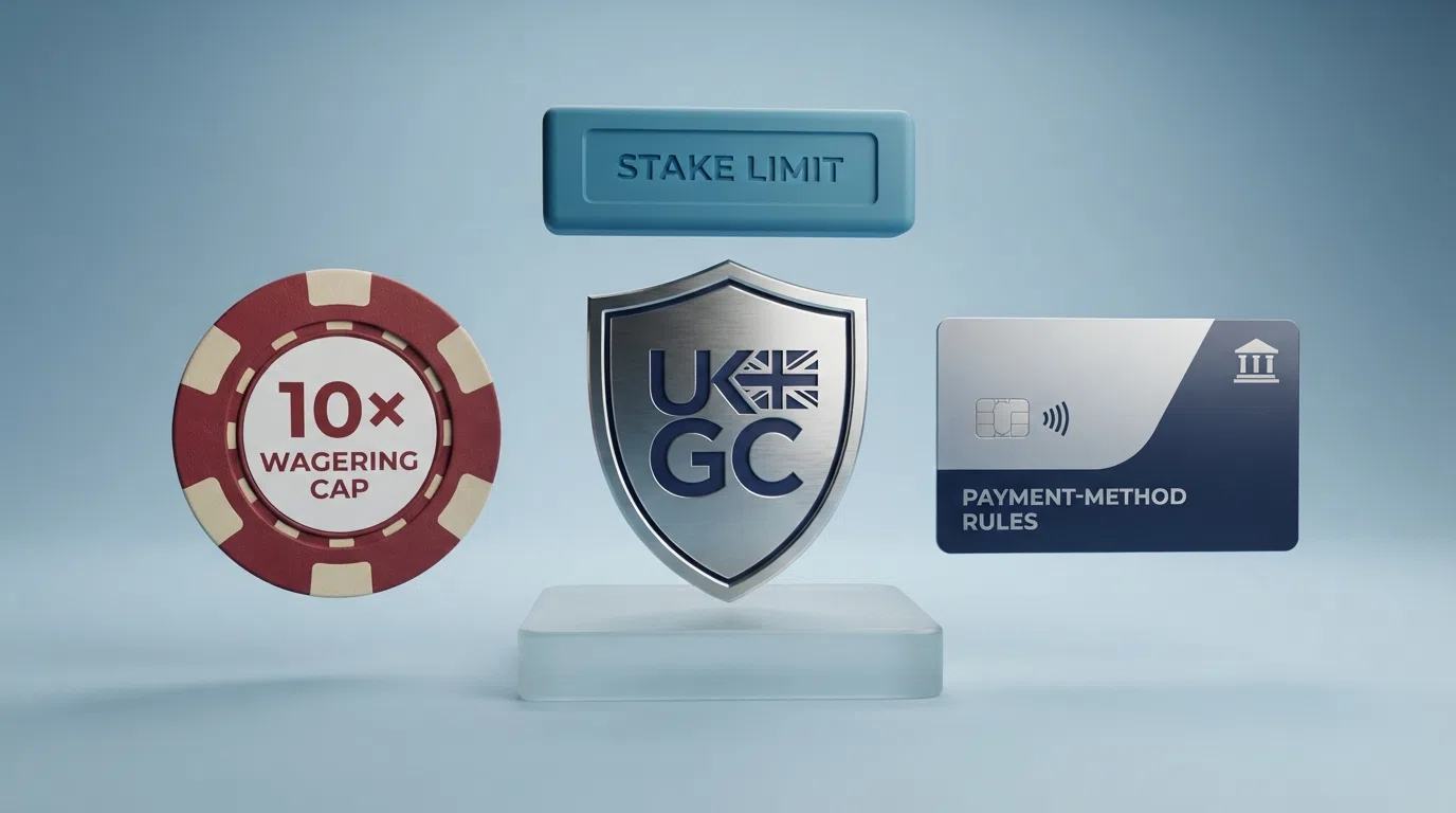 A stylised illustration of the UK regulatory framework for casino bonuses — the Gambling Commission logo, the three licensing objectives, and icons representing the key caps (10× wagering, £5 stake, no credit cards) arranged in a clean visual hierarchy.