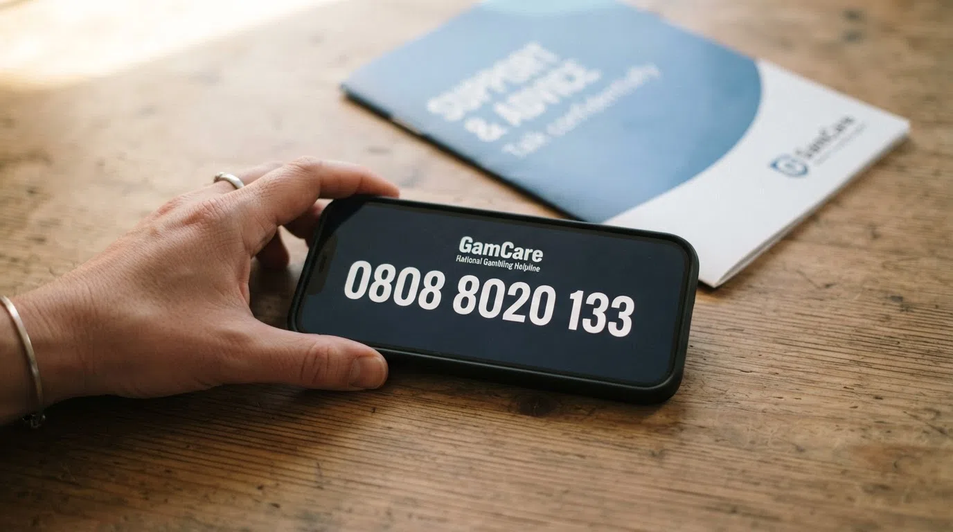 A close-up of a hand holding a smartphone showing the GamCare helpline number (0808 8020 133) on screen, with a BeGambleAware leaflet visible in the background