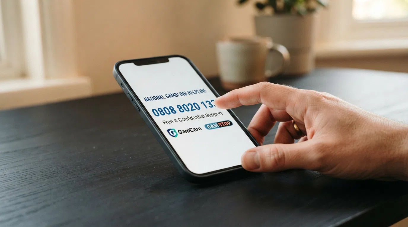 A UK-focused help composition: the National Gambling Helpline phone number displayed prominently on a screen, the GamStop and GamCare logos beneath it, and a hand reaching toward a mobile phone