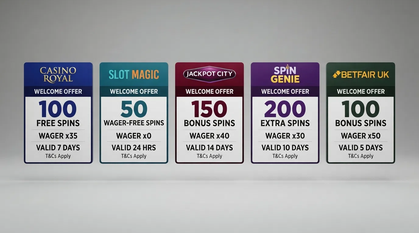 A side-by-side grid comparing welcome bonus terms — free-spin counts, wagering multipliers and validity windows — across multiple UK casino brand cards