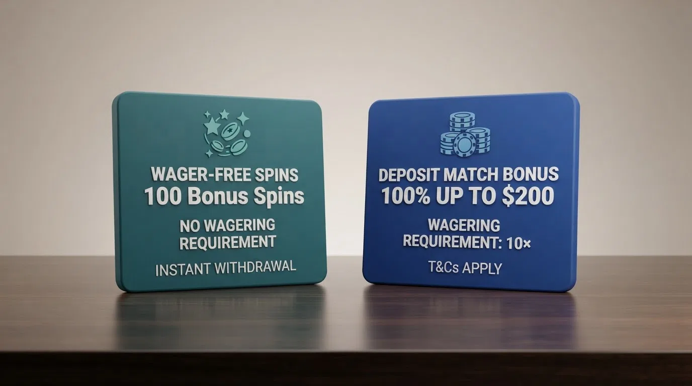 A side-by-side visual of a wager-free free spin offer card next to a deposit-match bonus card with the wagering-multiple figure highlighted on each