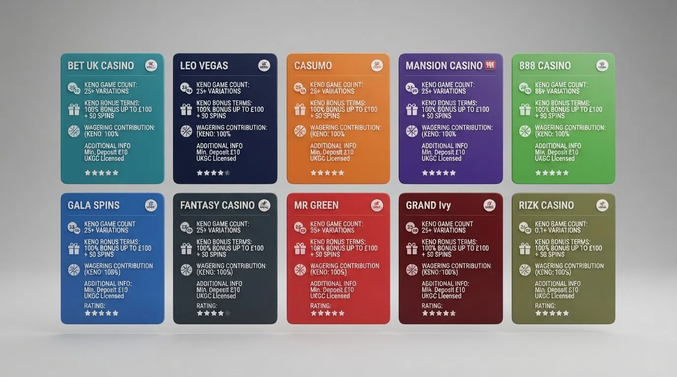 A side-by-side visual of casino brand cards arranged in a comparison grid, with keno-specific labels on each