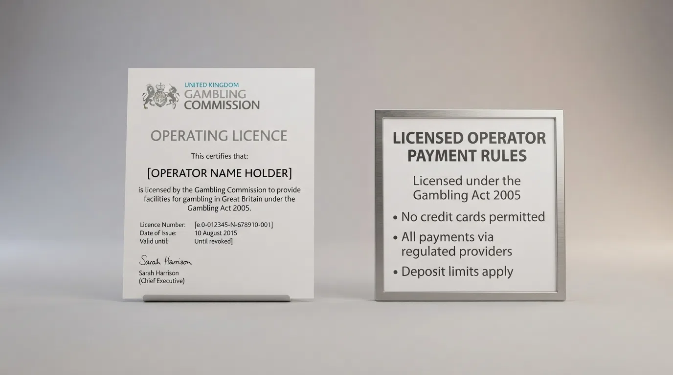 A UK Gambling Commission licence certificate alongside a sign listing the payment rules a licensed operator must follow