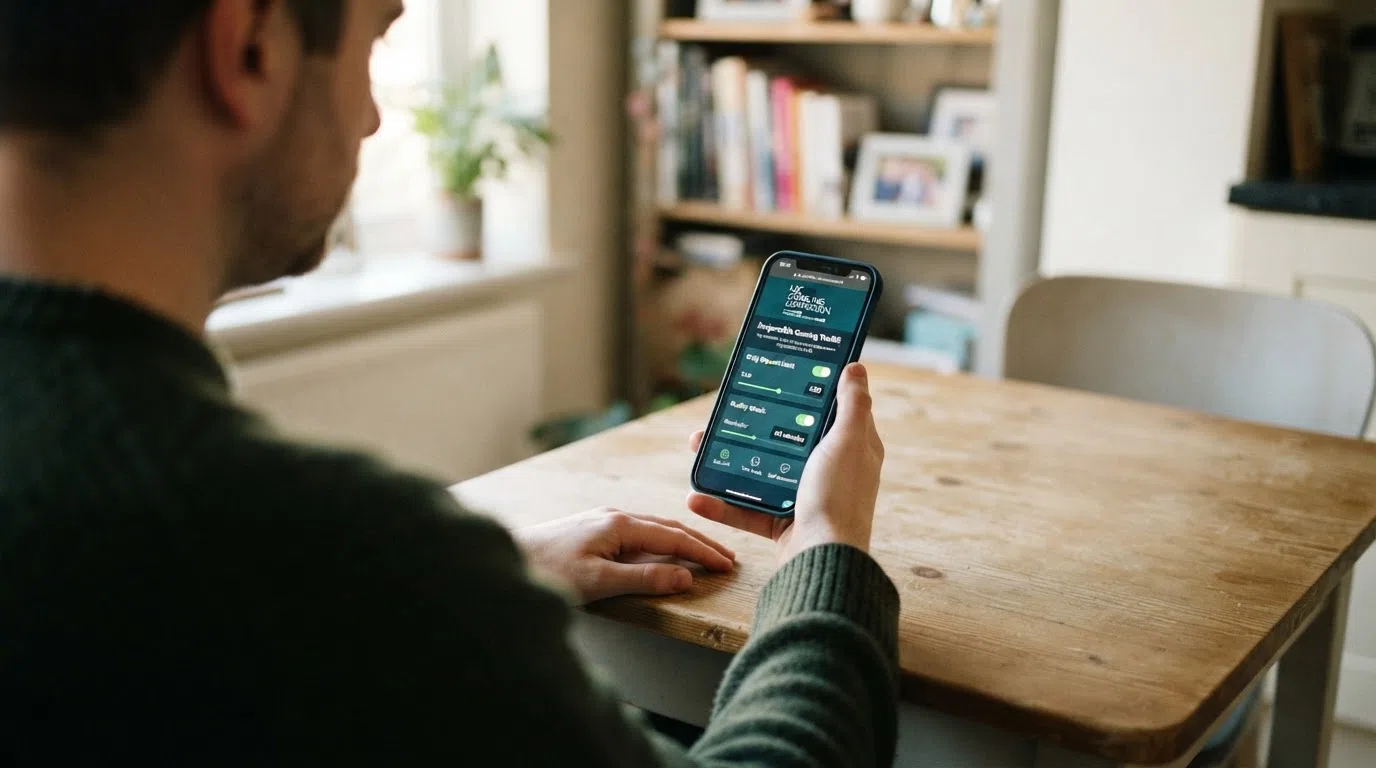A smartphone screen displaying a UK Gambling Commission licence badge beside a responsible-gambling toolkit with deposit-limit and reality-check toggles switched on