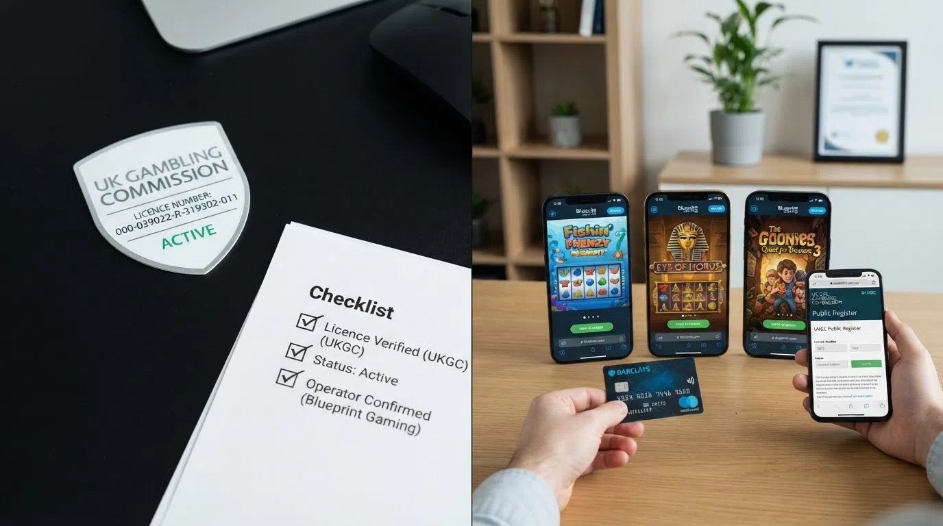 A split-frame visual: on the left, the UKGC licence badge and a checklist of verification steps; on the right, mobile screens showing Blueprint slot lobbies from three different featured casinos