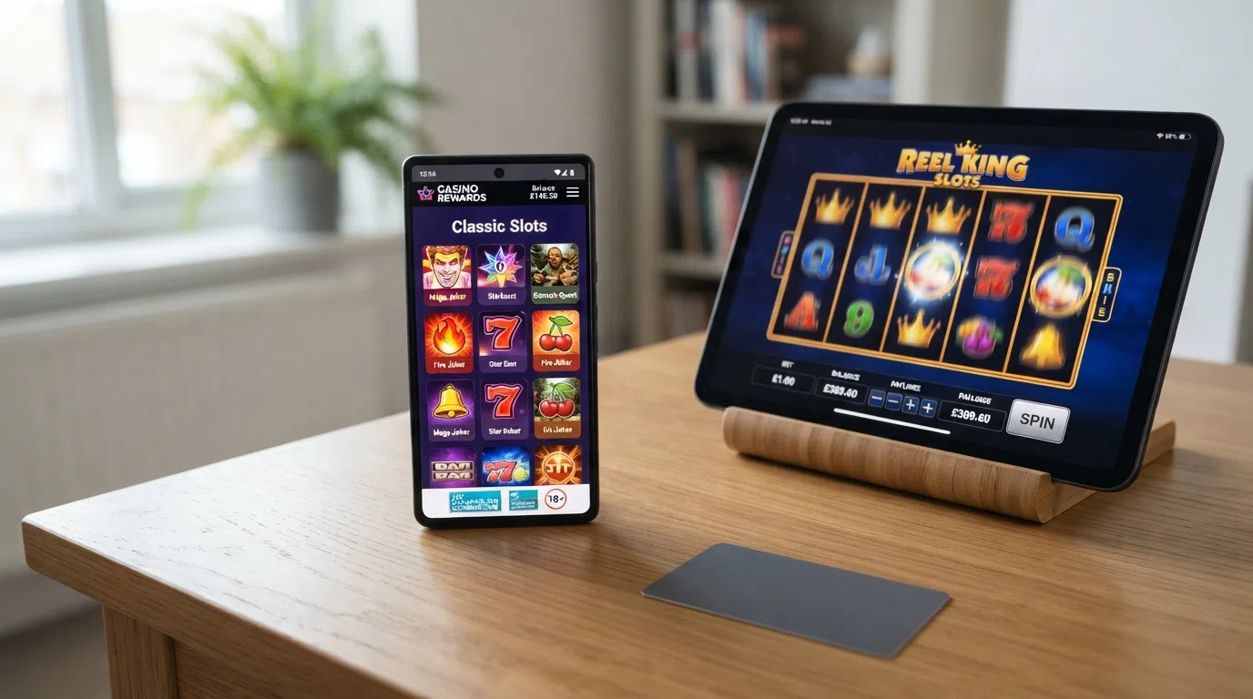 A smartphone displaying a UK-licensed casino app home screen beside a tablet showing a classic slot game with the reels mid-spin, a debit card visible on the surface below