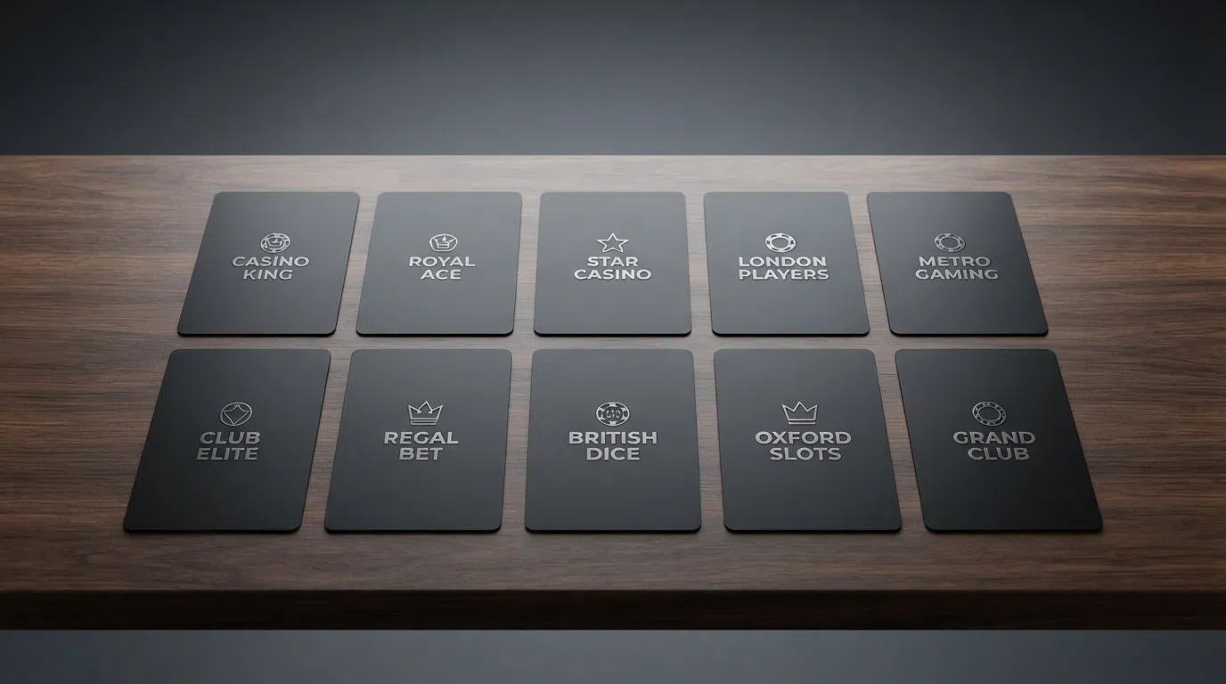 A side-by-side grid of UK casino brand cards on a desk, each card showing a different spin count, arranged in ranked order from most to fewest spins.