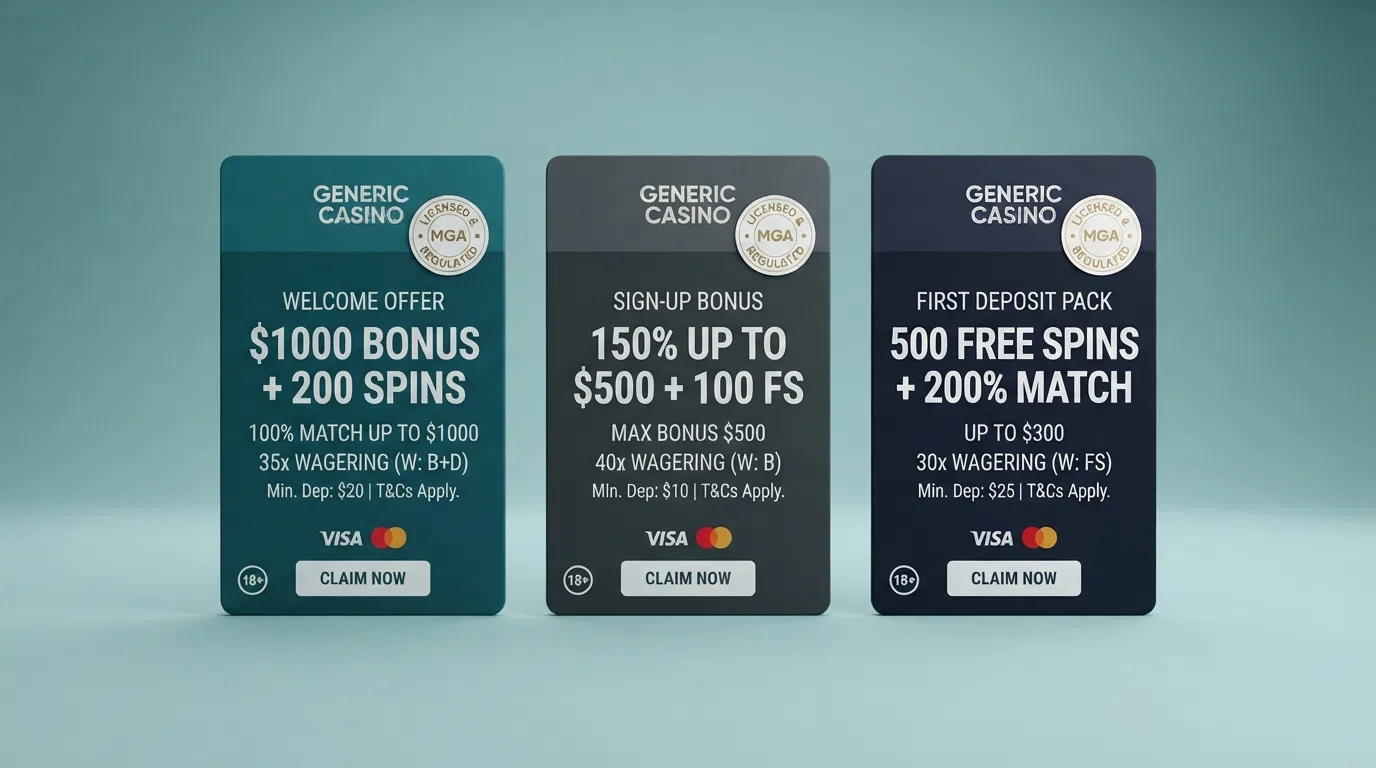 A side-by-side comparison layout of UK casino welcome-offer cards with licence badges, provider logos, and wagering figures visible