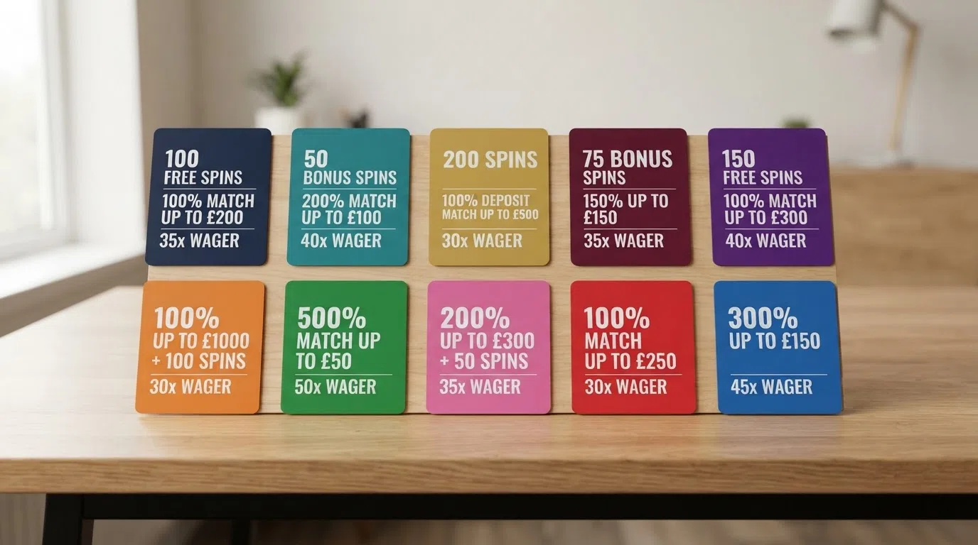 A grid of ten UK-licensed casino operator logos arranged in two rows, each accompanied by its welcome-offer summary in a clean comparison-card layout — free-spin counts, deposit match percentages, and wagering multipliers.