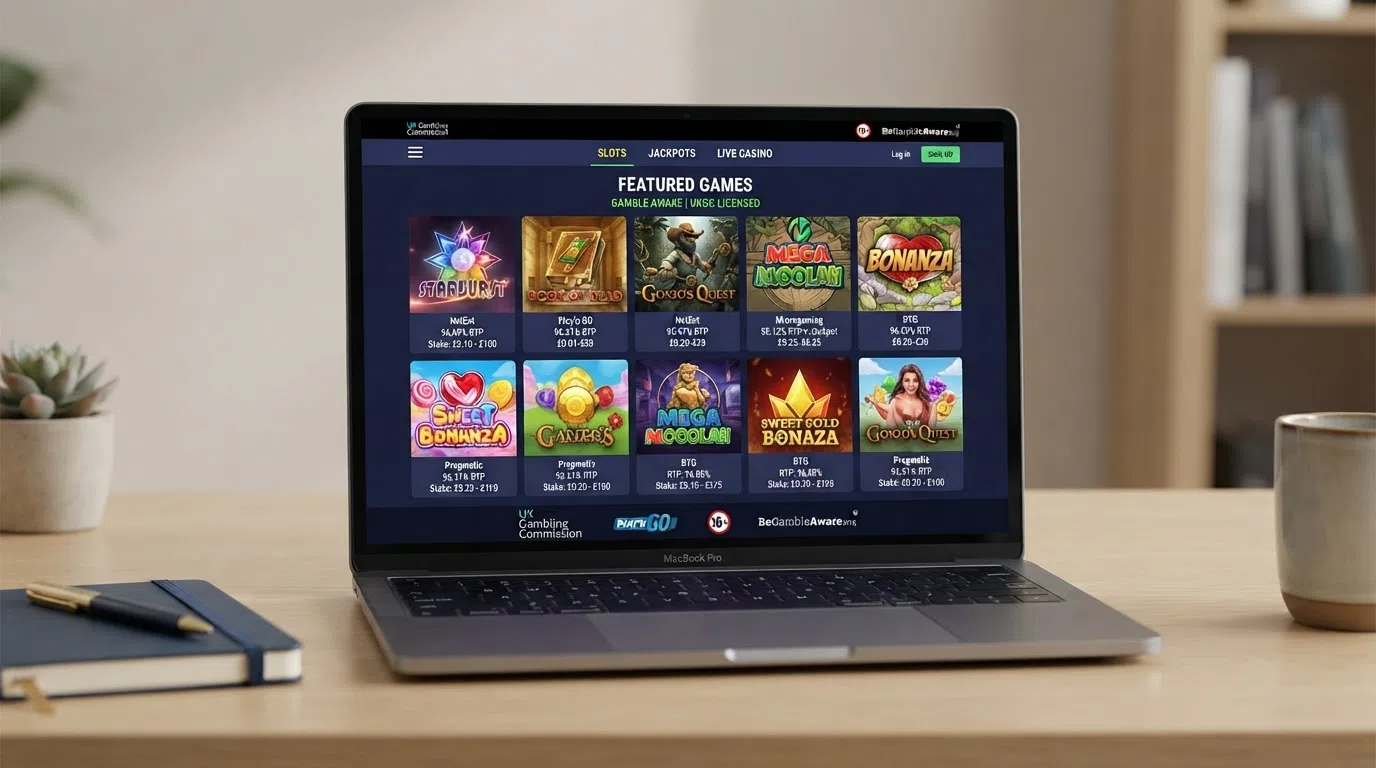 A grid of online slot game thumbnails at a UK-licensed casino showing title artwork, RTP percentages and stake-range labels beneath each game