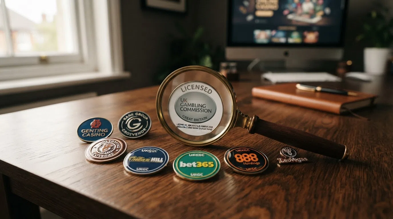 A side-by-side visual of the top featured casino logos arranged by welcome-offer quality, with a magnifying glass over a UKGC licence badge