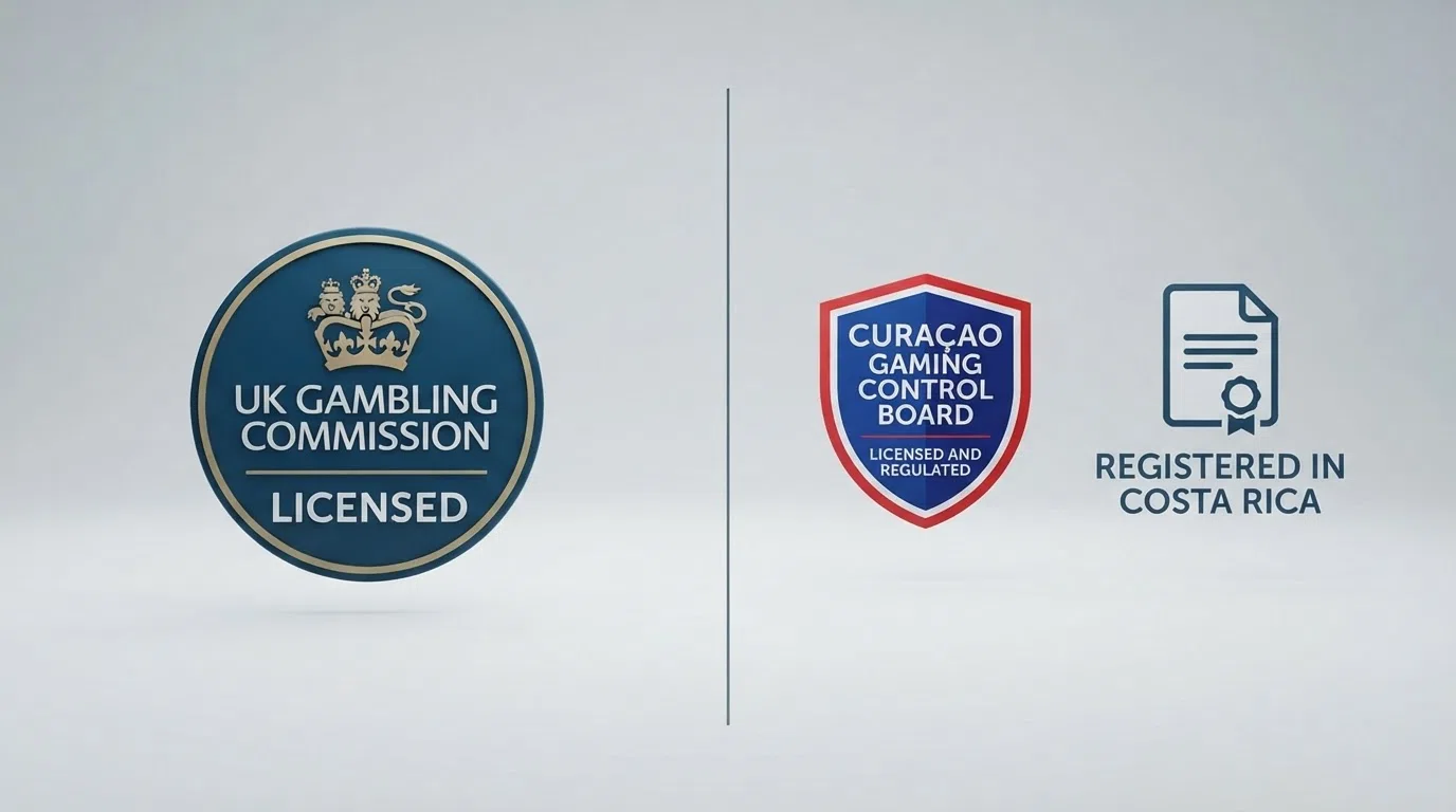 A split graphic showing UKGC licence badges on the left side and Curaçao and Costa Rica registration markers on the right
