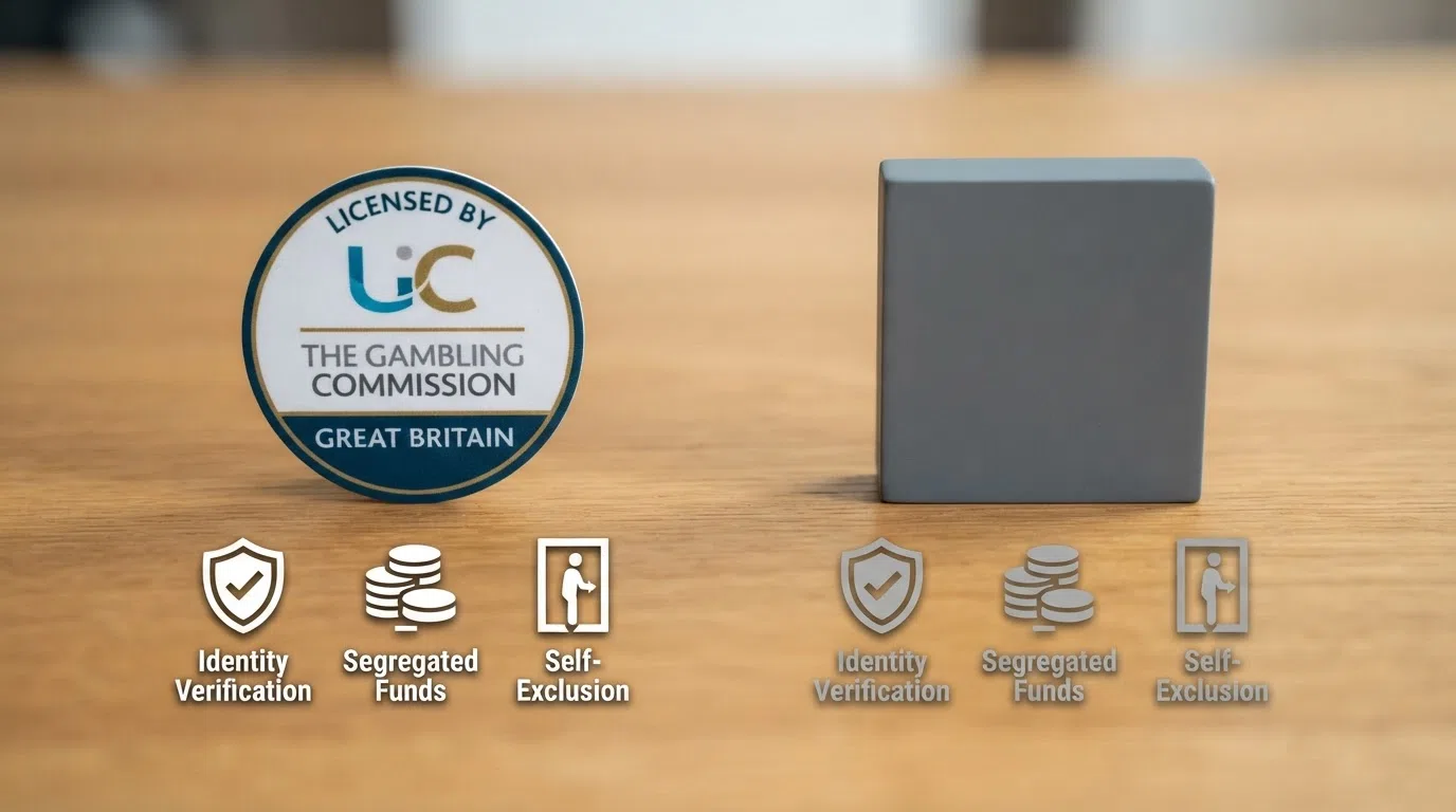 A side-by-side visual contrasting a UKGC licence badge with a blank unlicensed placeholder, with protection icons below each