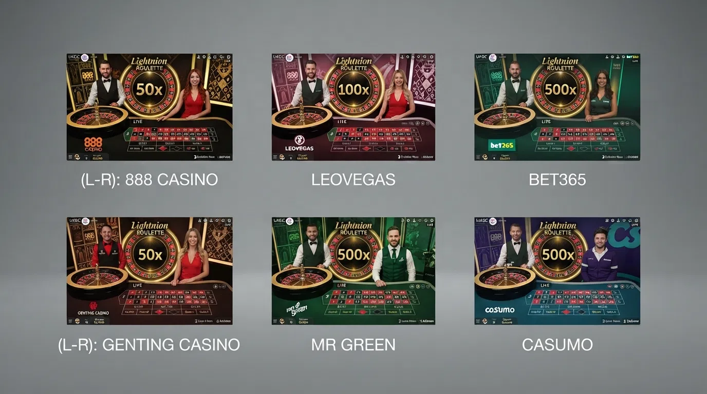 A split-screen or grid layout showing several UK casino lobby screens with Evolution Lightning Roulette thumbnails visible, overlaid with the UKGC logo