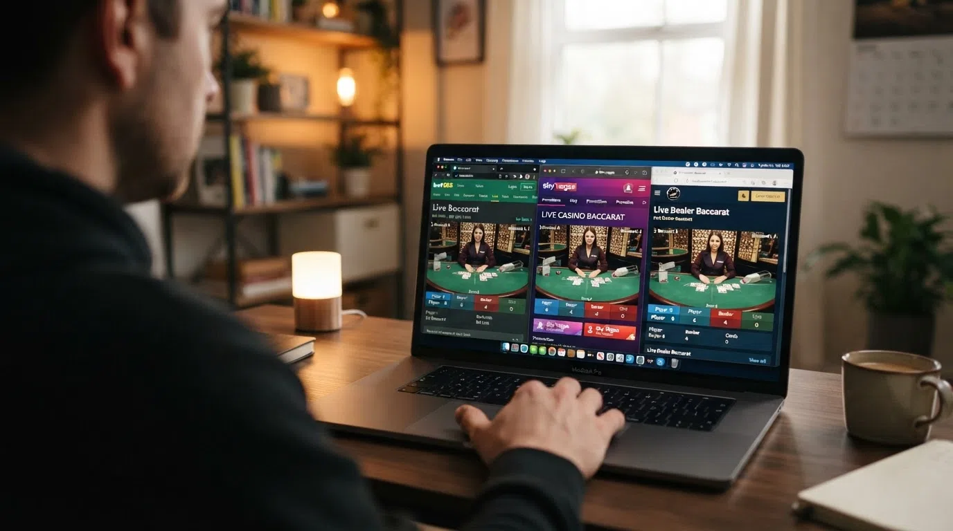 A split-screen view showing the same Evolution Gaming live baccarat table embedded in the lobbies of three different UK casino websites
