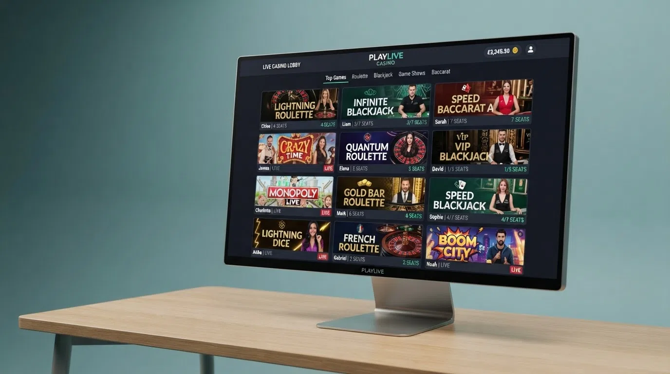 A UK live casino game lobby on a desktop screen showing tile icons for roulette, blackjack, baccarat and game show tables with dealer names and seat availability
