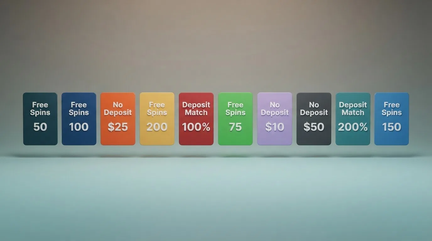 A side-by-side arrangement of casino bonus-offer cards showing different free-spin counts, wagering labels and deposit requirements