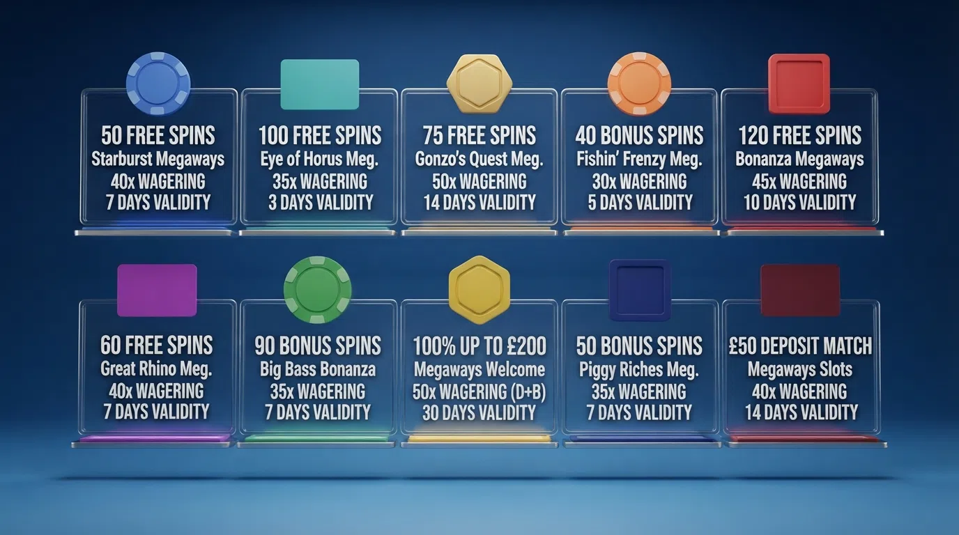 A side-by-side comparison grid of the ten featured UK casino logos with their free-spin counts and wagering figures