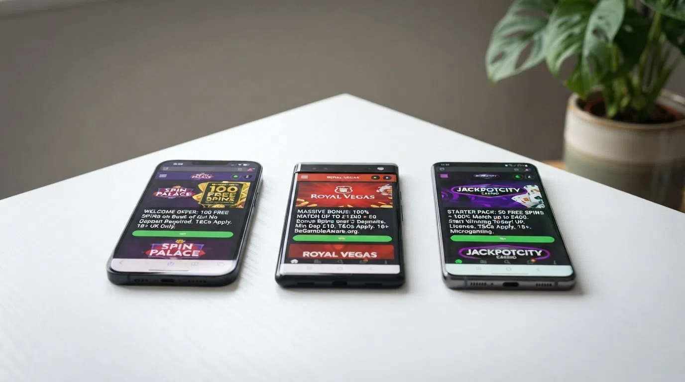 A side-by-side visual comparison of welcome-offer banners from several featured UK-licensed Microgaming casinos, showing free-spin counts and deposit-match percentages