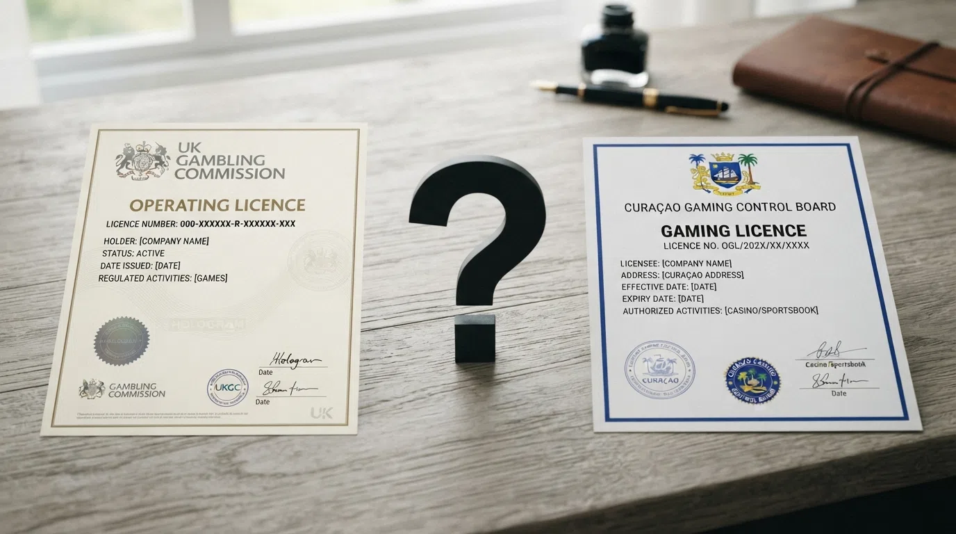 A UK Gambling Commission document header on one side and a Curaçao licence certificate on the other, separated by a bold question mark on a neutral background