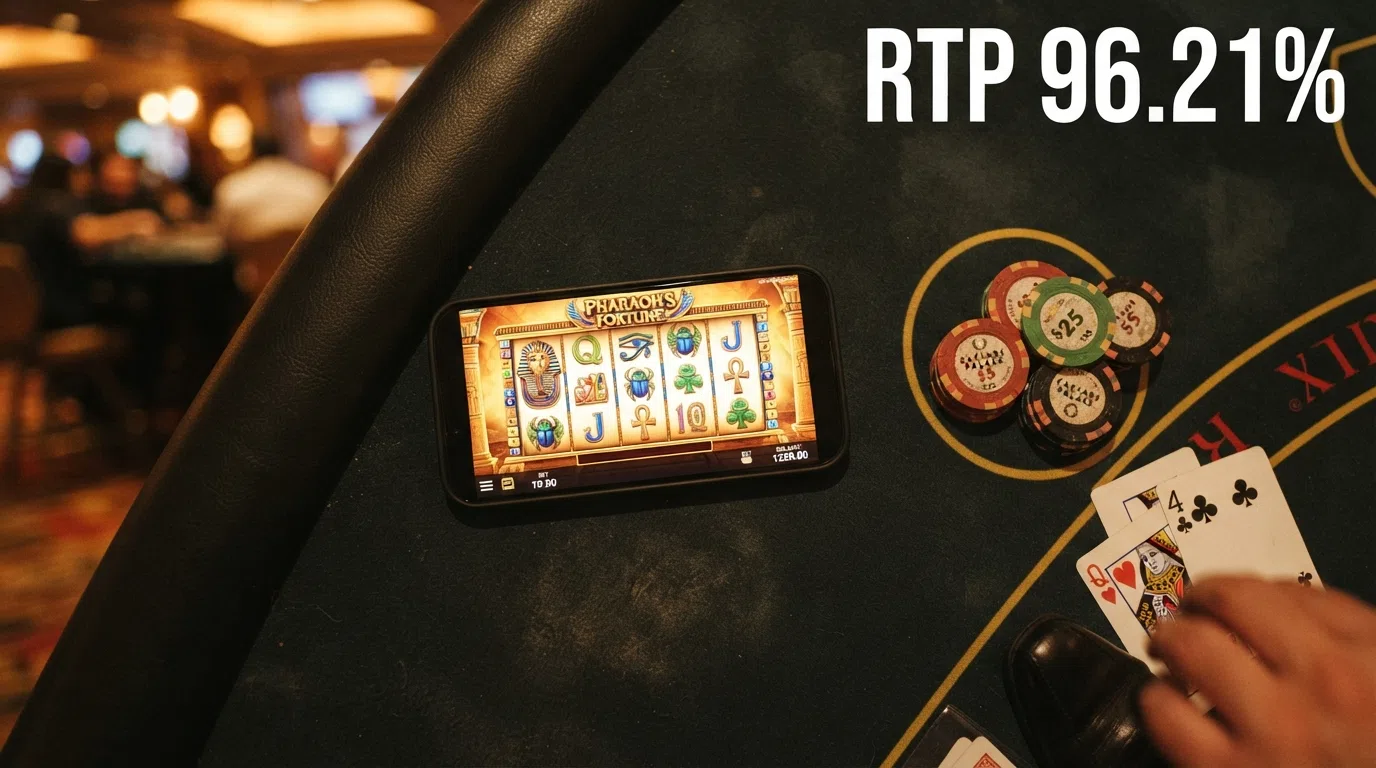 A smartphone screen showing a slot reel from Book of Dead alongside a live-dealer blackjack table, with an RTP percentage overlay