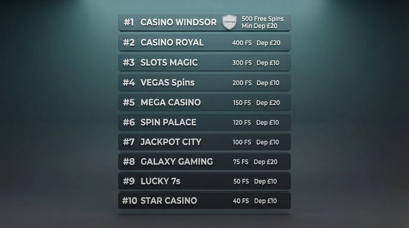 A ranked list of ten UK casino operators with each free-spin total and deposit trigger beside the name