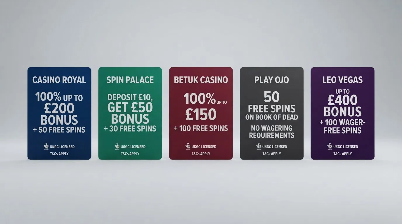 A side-by-side layout of casino welcome-offer cards on a mobile screen, with bonus values and free-spin counts highlighted