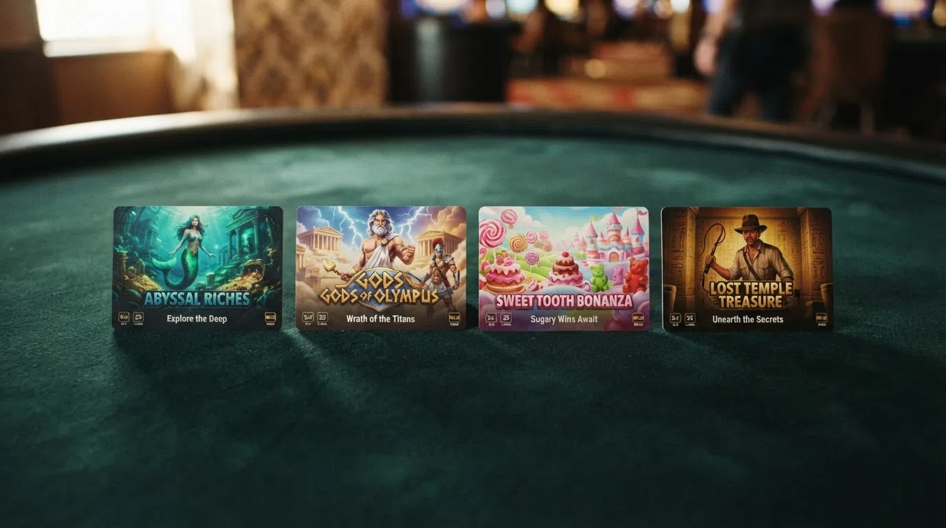 A grid of four slot-title cards arranged in a row — Big Bass Splash, Gates of Olympus, Sweet Bonanza and Book of Dead — each card displaying the slot's cover artwork, its published RTP percentage, and its provider logo beneath