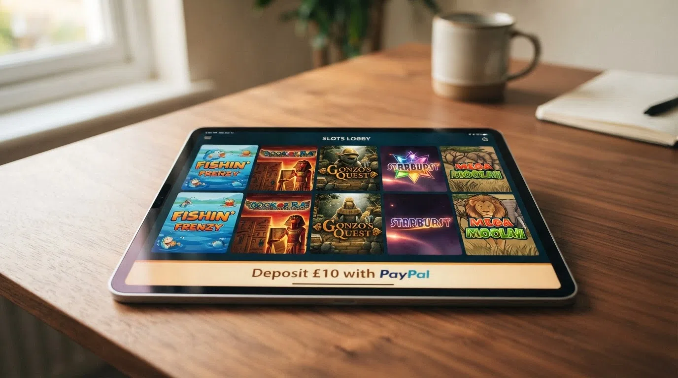 A grid of five slot-title cards recognisable from the ranked casinos' provider stables — Big Bass Splash, Book of Horus and three others — with a "Deposit £10 with PayPal" call-to-action strip across the bottom