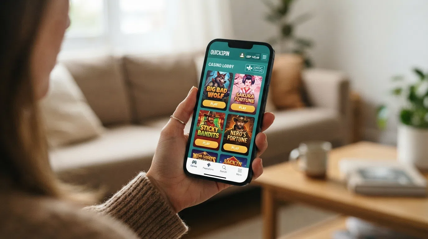 A smartphone screen showing a Quickspin slot lobby with multiple game thumbnails and a UKGC licence badge in the corner