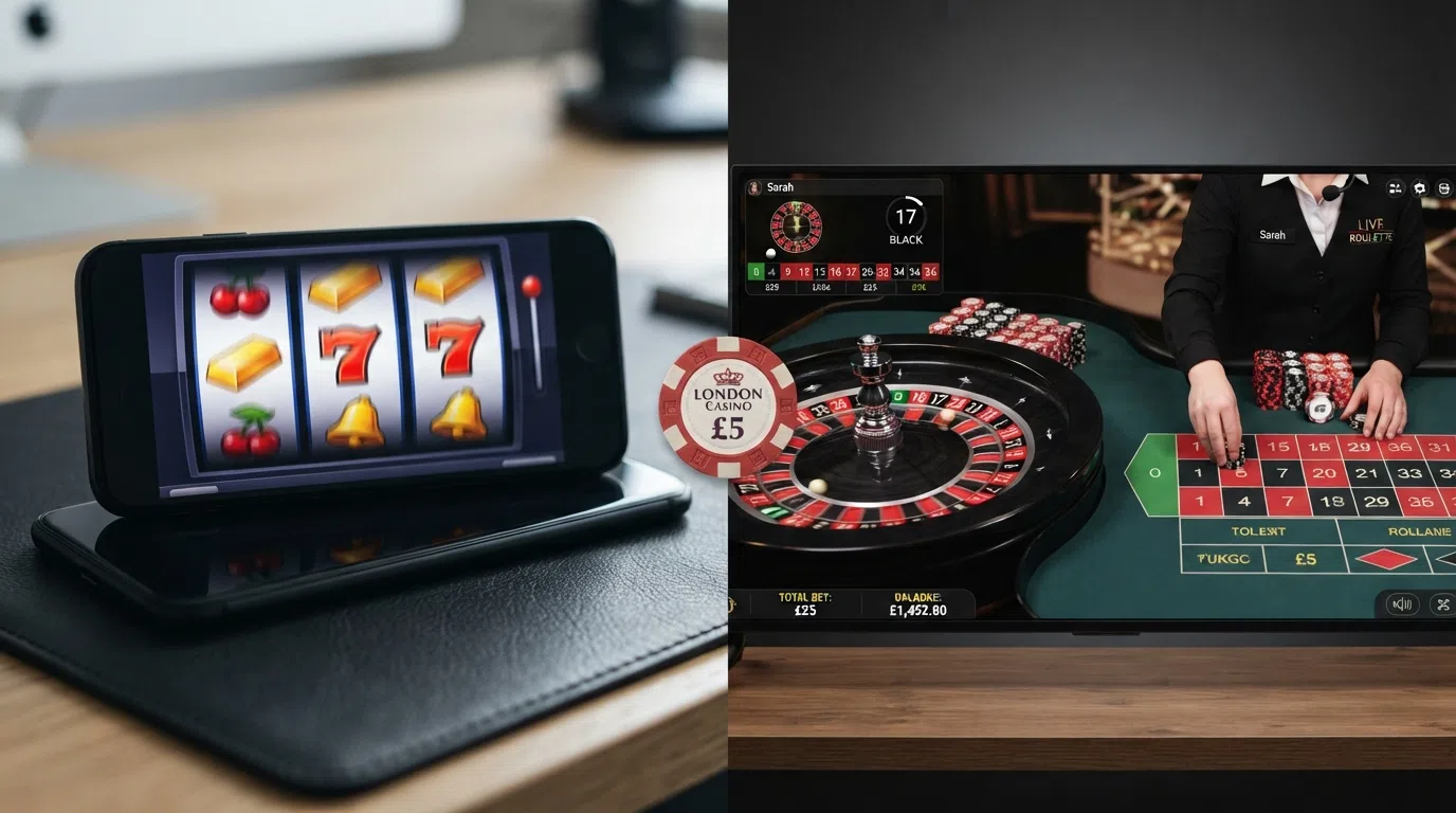 A split-screen view of a spinning online slot reel on the left and a live-dealer roulette table streamed from a professional studio on the right