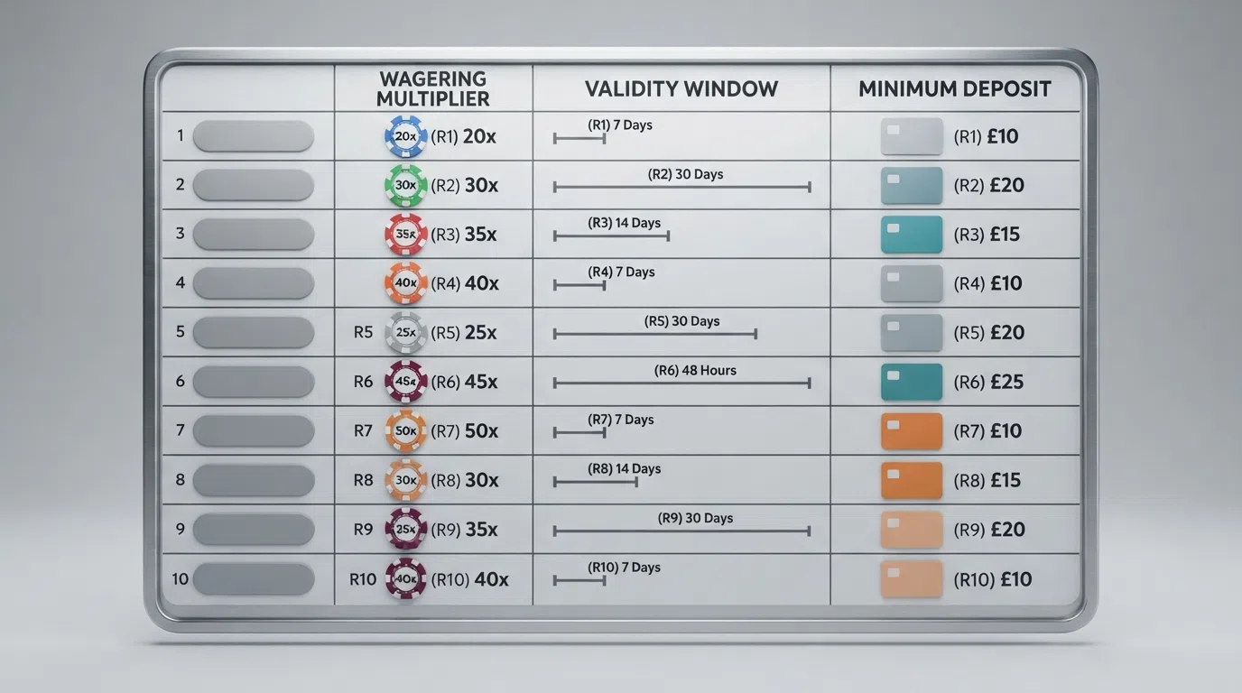 A visual comparison grid showing reload bonus terms — wagering multiplier, validity window and minimum deposit — across the ten featured UK casino brands