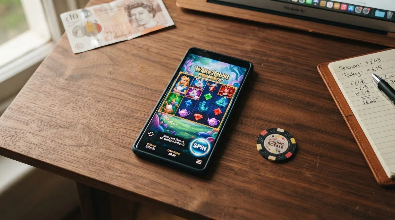 A UK-licensed online slot interface showing the spin button with no bonus buy option visible, replaced by a regulatory notice