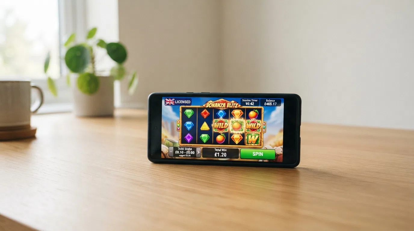 A UK online slot screen showing the mandatory session timer, total-loss display and stake selector capped at £5