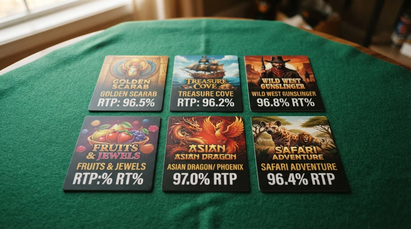 A grid of six slot-game title cards — Blood Suckers, Big Bass Splash, Big Bass Bonanza, Sweet Bonanza, Book of Dead and Starburst — each displaying its published RTP percentage beneath the title artwork