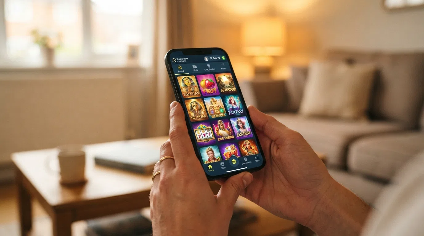 A smartphone displaying a slot game lobby from a UKGC-licensed casino app, with the game tiles and a responsible-gambling tool icon visible on screen