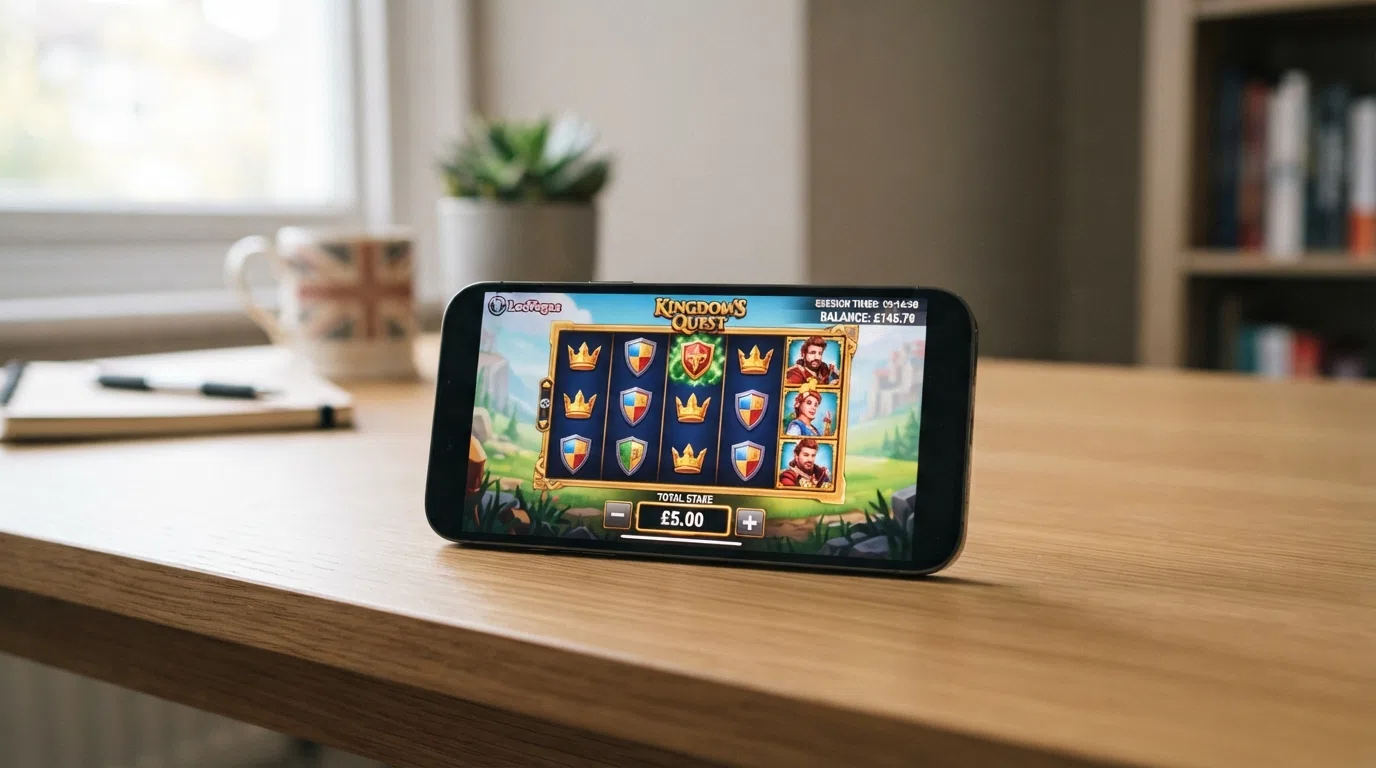A smartphone screen displaying an online slot game with the stake-per-spin selector set to £5.00 and a session timer visible