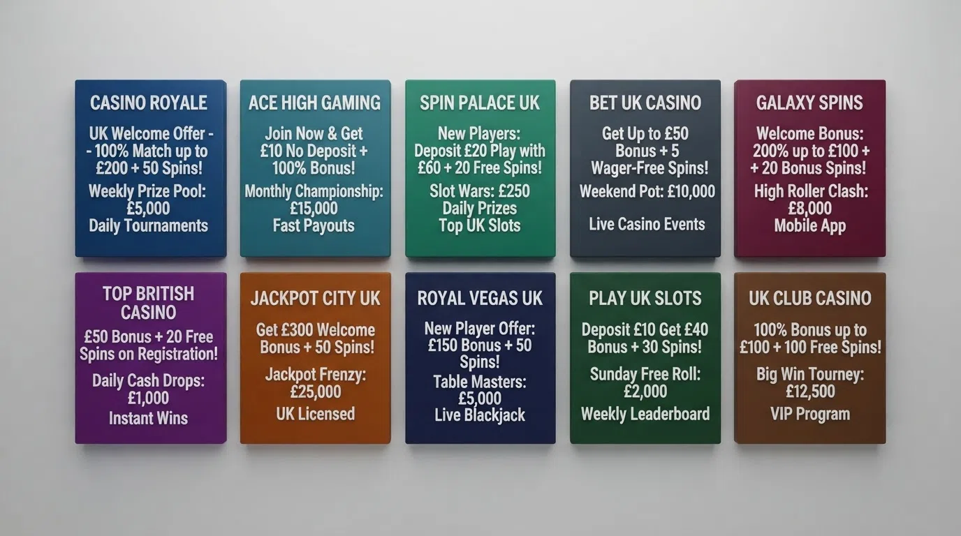 A side-by-side grid of UK casino tournament site cards with welcome offers and prize pools
