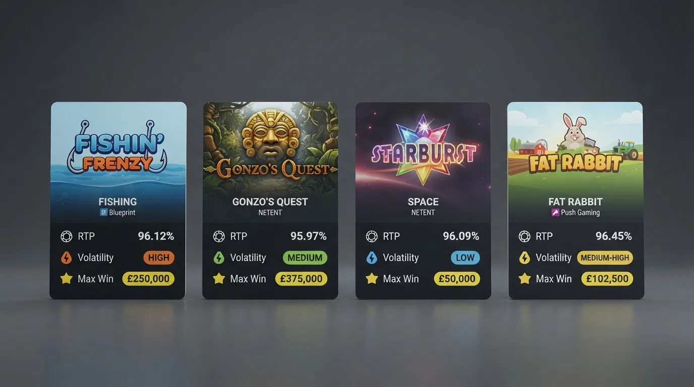 Four slot-title cards arranged as a comparison — Big Bass Bonanza, Book of Dead, Starburst and AgroCulture — each showing its RTP percentage, volatility badge and max-win figure
