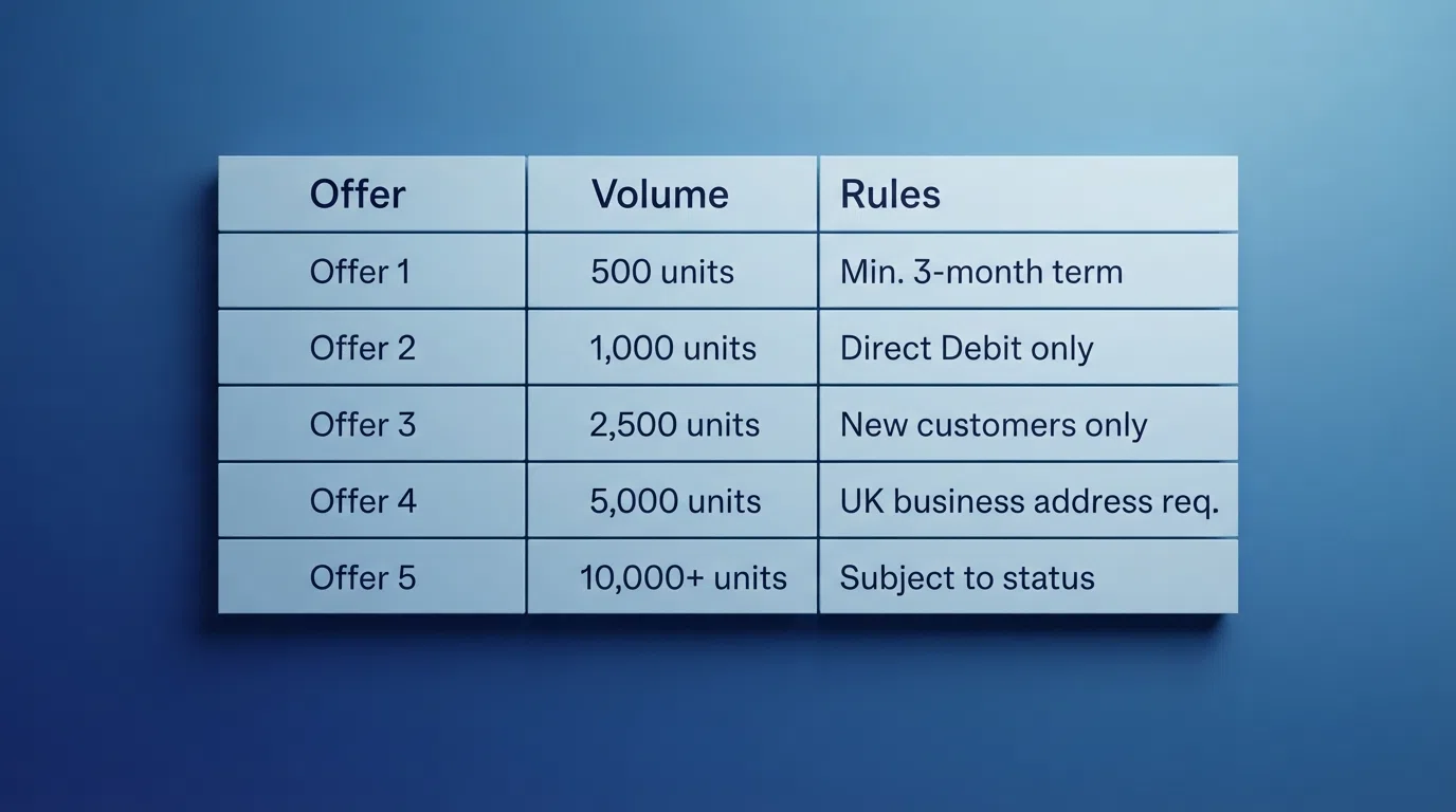 A side-by-side comparison table of UK casino welcome bonus offers showing operator names, free spin counts and wagering terms