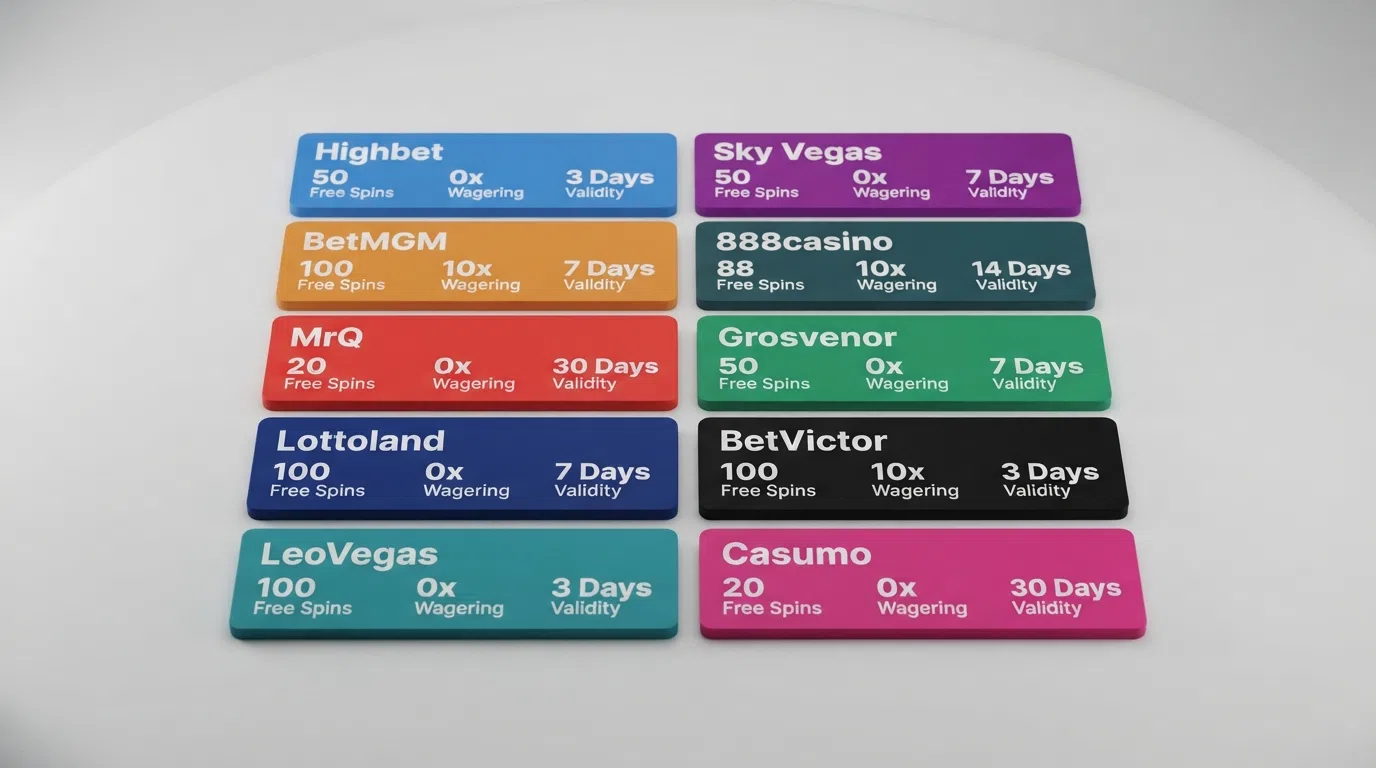 A side-by-side grid of UK casino welcome-bonus offer cards showing free-spin counts, wagering multiples, and validity windows for multiple operators